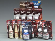 Fourteen bottles of Birchwood Casey gun restoring materials including Gun Stock Wax, Sun Stock