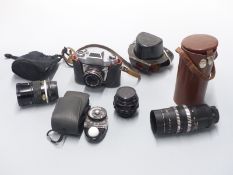 Quantity of cameras and accessories comprising Exa IIb, Jupiter-9 2/85 lens, Sekonic Studio Deluxe