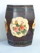 Eastern octagonal storage jar or stool decorated with birds in foliage, height 44cm