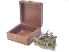 Brass sundial with compass to base in hardwood case, width of case 14cm