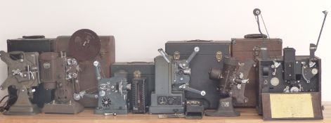 Six various cased cine film projectors including Bolex Paillard 16mm example, Filmo model 8,
