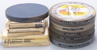 Twelve 9.5mm cine film reels to include examples marked 'Gypsy Fiddler', 'Bad Company', 'Silly
