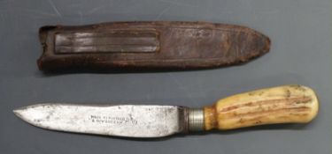 Wade, Wingfield & Rowbotham sheath or skinning knife in leather sheath, blade length 13cm