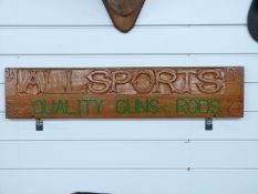 Allsports Quality Guns & Rods of Gloucester carved wooden shop display sign, 82 x 17.5cm