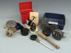 Two vintage fixed spool reels to include Intrepid Elite and The Ambidex together with three fly