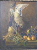 H.Keil oil on board still life of game and fruit, 41 x 32.5cm, in part gilt frame