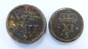 Two James I unite brass coin weights for gold coins comprising unite, I.R.MA BRIT, right facing King