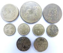 Nine George III brass coin weights comprising gold guineas 5 DWT 8GR, coffee pot impressed marks,