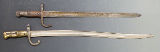 Turkish M1890 bayonet, blade length 46cm, together with  French Chassepot 1866 example impressed
