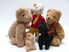 Five various Teddy bears including a Steiff style hamster with blonde mohair and straw filled
