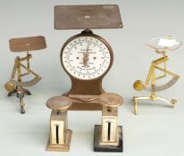 Salter No 11 letter balance, two small postage type scales and two swinging weight type scales