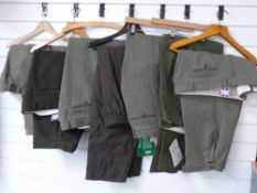A selection of various moleskin and tweed trousers and breeks, includes Barbour, larger sizes 40-