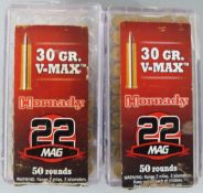 Seventy seven Hornady V-Max .22 rifle cartridges, in original boxes. PLEASE NOTE THAT A VALID