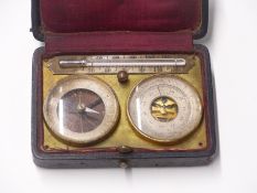 19thC cased pocket, travel or field barometer, compass and thermometer set