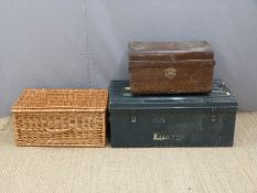 Two vintage trunks and a wicker basket or hamper, width of largest 85cm