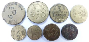 Eight George III brass coin weights comprising gold guinea, half guinea, SD 6.9 both sides,