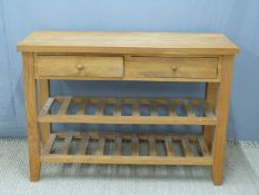 Modern light oak or similar sideboard with two drawers and two slatted shelves, W120 x D46 x H85cm
