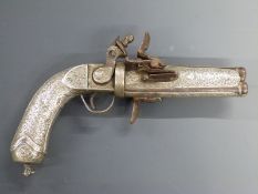 Middle Eastern flintlock hammer action double barrelled over and under pistol with all over embossed