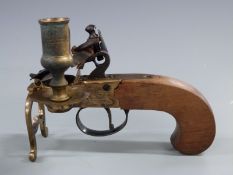 Unnamed brass flintlock hammer action tinder pistol with candle holder, engraved lock, lyre shaped