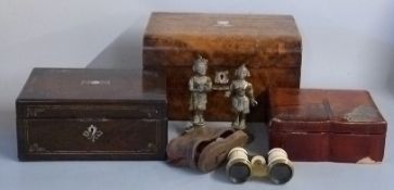 Three 19th century boxes, one with fitted interior and bottles, width 30cm together with a pair of