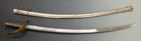 Continental sabre with copper guard and W stamped to the 73cm blade, with metal scabbard