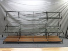 Sectional tubular and sheet glass shop fitting five tier stepped design shelf unit, W325 x D82 x