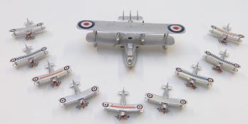 Ten Dinky style scratch built metal model aeroplanes including Gloster Gladiator, largest 12.8cm