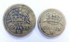Two William III brass coin weights for one gold guinea and half guinea , Laureate heads obverse,