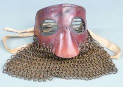 WWI style tank crew splatter mask with metal eyepiece shuttering, chain mail face protection,