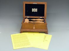 WWI Royal Navy ceremonial launching mallet and chisel in presentation oak box, for submarine D.8