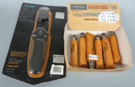 Six Opinel folding knives together with a Gerber hunting knife with 8cm blade and sheath with