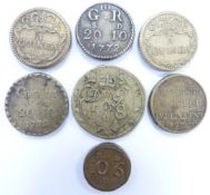 Seven George III brass coin weights for gold sovereigns etc, 5 DWR 8GR, guinea etc one with