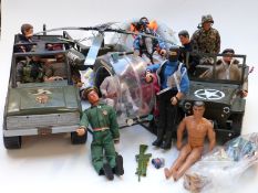 Thirteen various Action Man figures together with six vehicles, helicopter, two jeeps, motorbike,