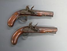 Pair of Muley of Dublin Irish flintlock coat pistols with named locks, French style hammers, horn