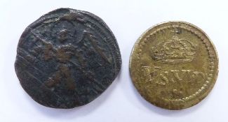 Two James I angel brass coin weights for gold coins comprising half angel I.R.M BRIT King's bust
