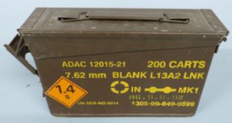 A military style metal ammunition box marked 7.62mm Blank L13A2 LNK 200 Carts
