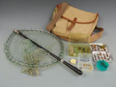 Trout fishing bag, Wheatley fly box and contents, further flies, accessories and landing net