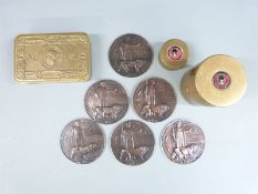 WWI Princess Mary Christmas fund tin together with six 8cm diameter replica copper death plaques etc