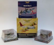 Four Corgi 1:72 and 1:144 scale diecast model aeroplanes comprising two WWII Legends Gloster