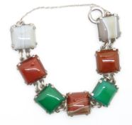 Scottish silver bracelet set with seven agate panels, stamped Scotland