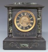 Victorian black slate mantel clock with marbled columns and two train Japy Freres movement
