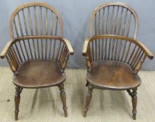 Pair of elm seated Windsor armchairs