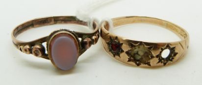 Victorian 9ct rose gold ring set with agate (1.2g), and a 15ct gold ring, 1.9g