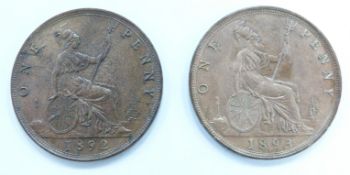Two Victorian bun head pennies 1892 and 1893, OT's, some lustre, both EF