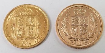 Cased set comprising two gold half sovereigns 1887 and 2002 celebrating two Golden Jubilees, Queen