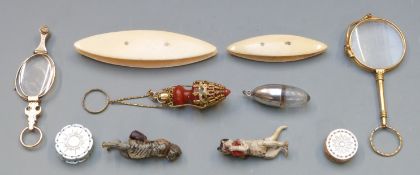 Two perfume bottles, one of egg shape, possibly Mordan, two lorgnettes, two cats and four sewing