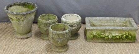 Three matching garden planters or pots with Greek key design, larger planter and a rectangular