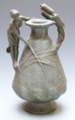 Art Nouveau figural pewter vase with water nymph and bullrushes, signed verso Jouant (Jules Jouant