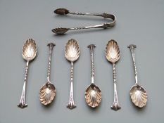 Victorian set of six hallmarked silver teaspoons and sugar tongs with shell-shaped bowls,