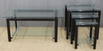 Contemporary glass and metal nest of tables and a matching coffee table, length 110cm